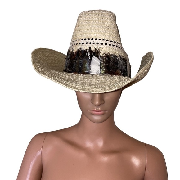 Western straw hat with bird feather brimmed cowgirl hat western wear cowgirl - Picture 3 of 6